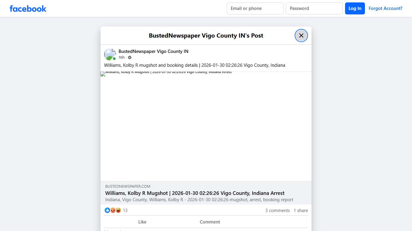 Williams, Kolby R mugshot... - BustedNewspaper Vigo County IN Facebook